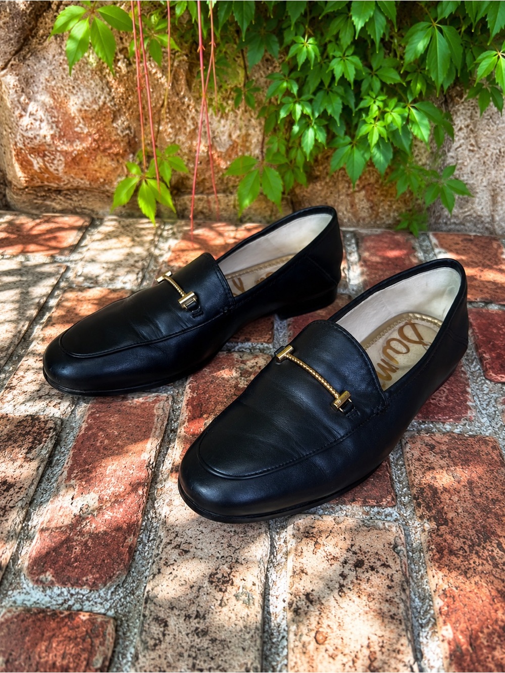 SAM EDELMAN Black Leather Classic Preppy Gold Bar Penny Loafers, 6.5W
